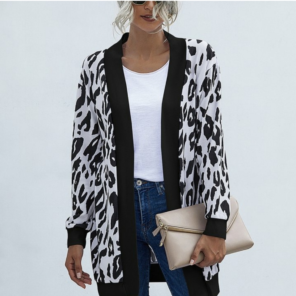 Black & White Leopard Longbody Open Cardigan